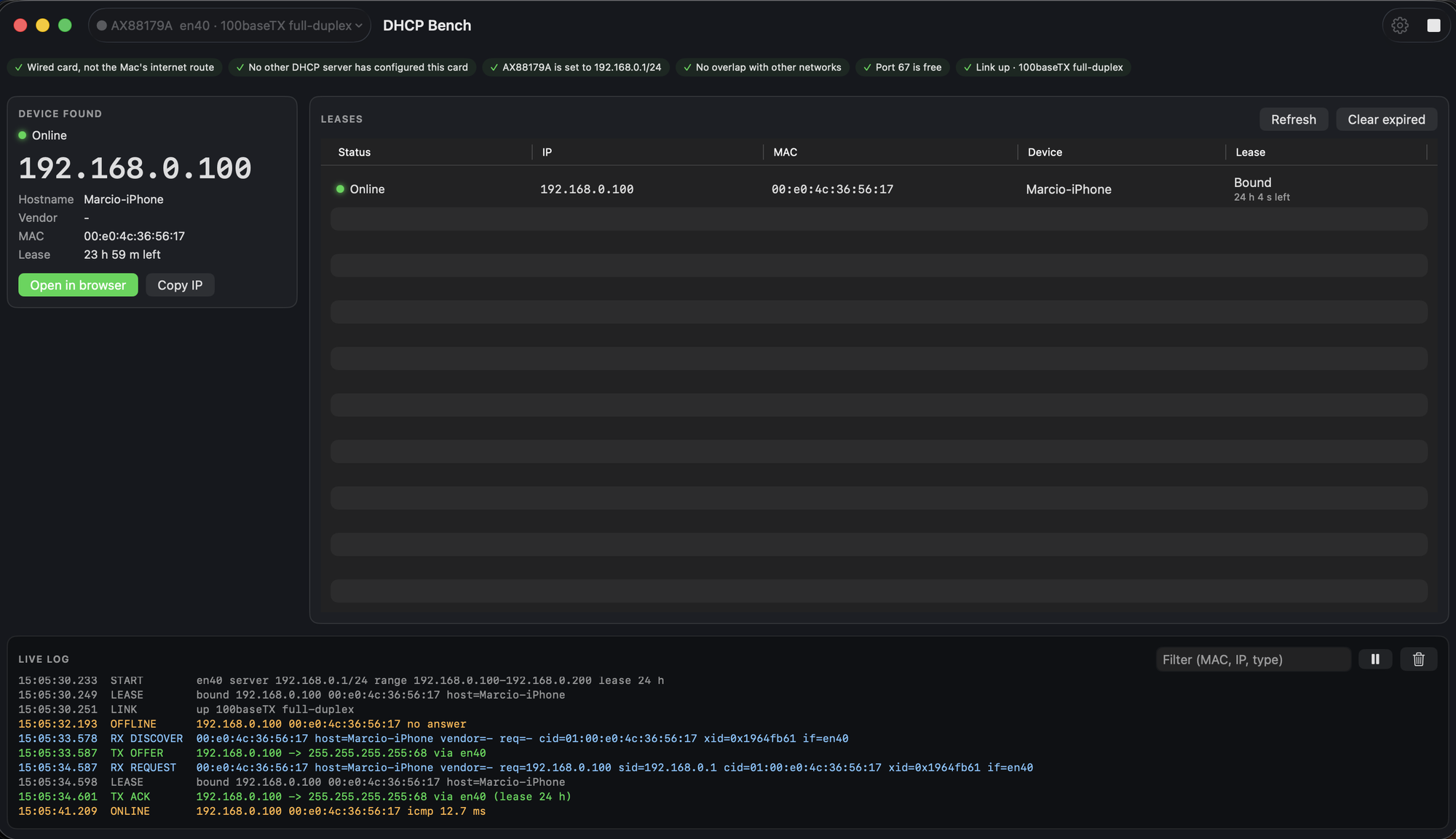 DHCP Bench serving a device: every check green across the top, the device card with its new IP address, Open in browser and Copy IP, the lease table, and the live log with DISCOVER, OFFER, REQUEST and ACK.